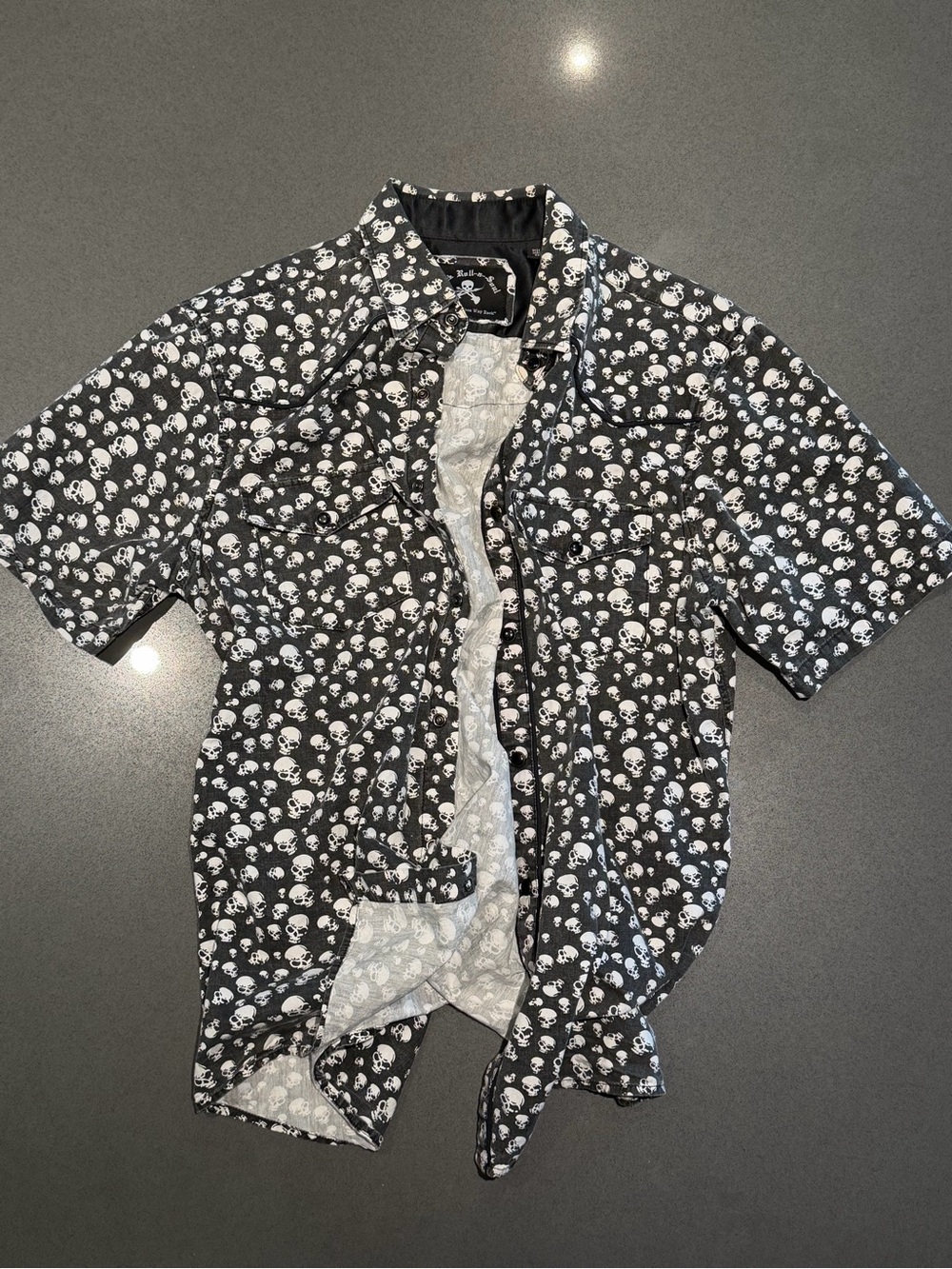 Rock and Roll Soul Pompeii Skull Print Short Sleeve Snap Button Shirt